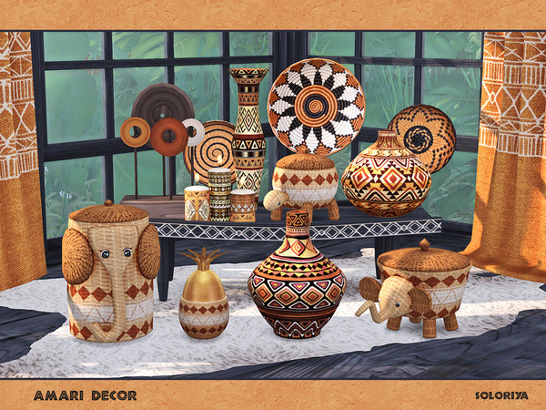 Sims 4 — Amari Decor by soloriya — A set of decorative ethnic objects. Items in the set: --functional candles, --ananas