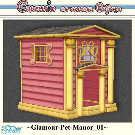 Sims 2 — am_glamour_pet_manor_01 by Cruella — Pink with yellow trim. Doll up your backyard with these posh pet houses.