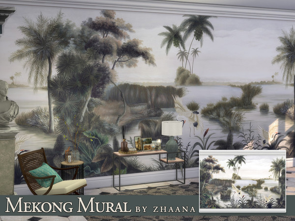 Sims 4 — Mekong Mural by Zhaana — "A couple of cranes landing on the banks of the Mekong with a graceful rustle of
