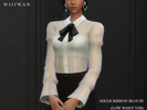 Sims 4 — Sheer ribbon blouse (low waist ver) by wijiwan — Sheer chiffon blouse with puff sleeves and ribbon detail. Low