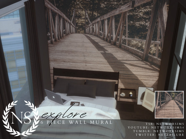 Sims 4 — Explore Wall Mural by networksims — A 6-piece wall mural of a bridge in a forest.