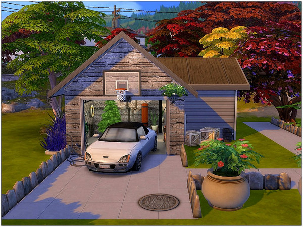Sims 4 — Workshop Garage by lotsbymanal — A small garage with a workshop area and laundry room ..