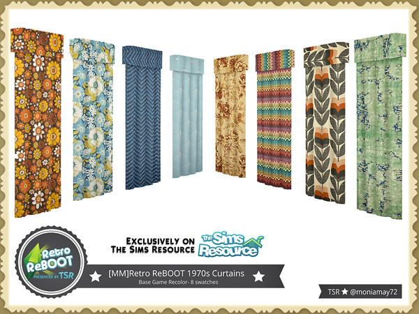 Sims 4 — Retro ReBOOT 1970s Curtains by Moniamay72 — Retro 1970s Curtains. 8 swatches. On the base game - Veil of Mistery