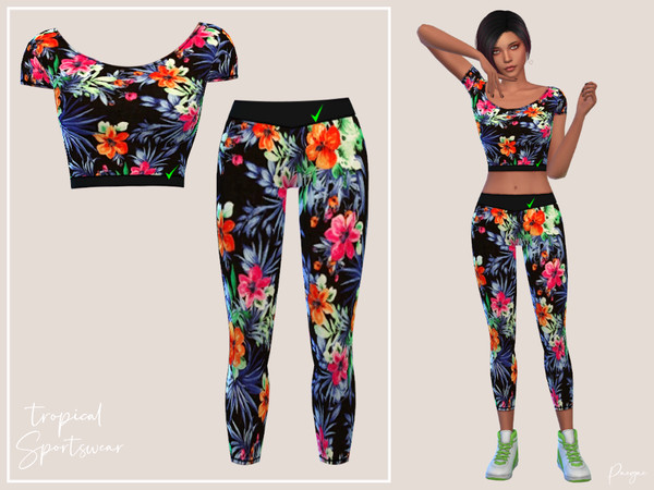 Sims 4 — Tropical Sportswear by Paogae — Athletic outfit with tropical pattern, consisting of short-sleeved top and