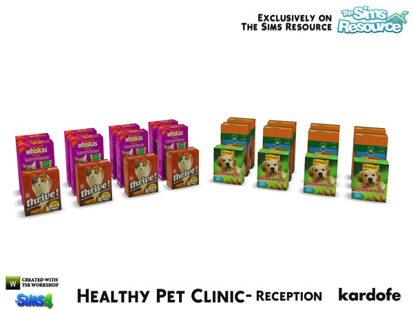 Sims 4 — kardofe_Healthy Pet Clinic_Food packages by kardofe — Group of dog and cat food boxes, decorative, in two color