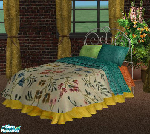 Sims 2 — Fluffy_BrushedSteel_Bed1 by openhousejack — brushed steel headboard double bed and spring flowers bedding