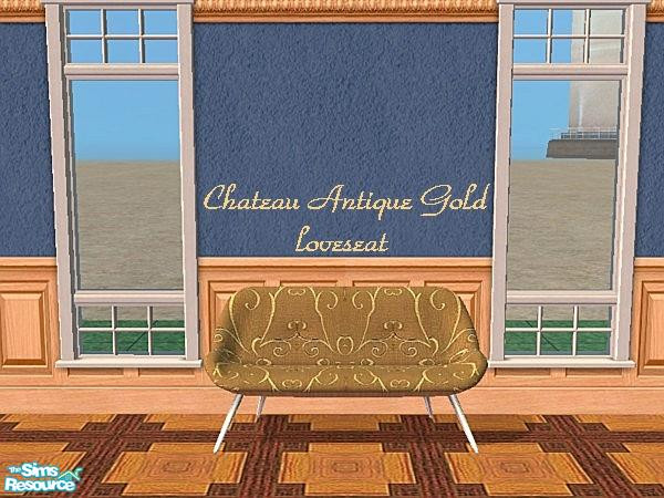 Sims 2 — Chateau Antique Gold loveseat by SimMonte — A recolor of the Atomicles loveseat in brown and gold.