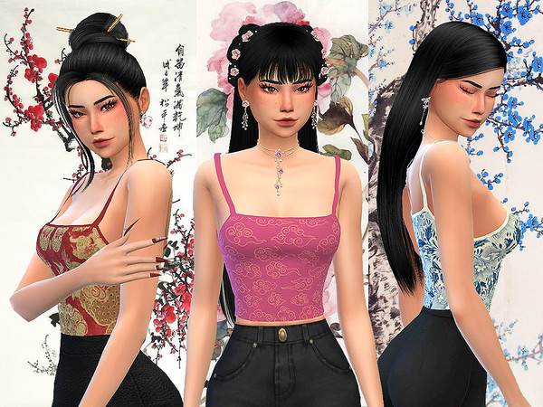 Sims 4 — Asian Pattern Print Tank Top  by MaomiCC — BGC (Base Game Compatible) 5 Swatches Found under T-Shirt and Tank