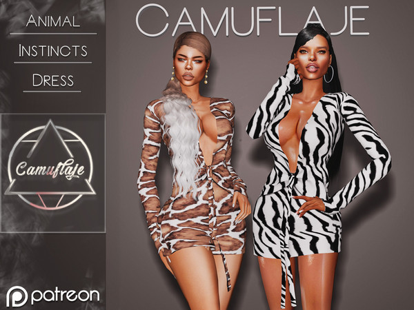 Sims 4 — [PATREON] Animal Instincts - Dress *Early Access* by Camuflaje — Vacation dress with various animal prints. *