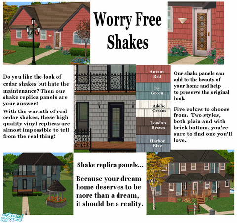 Sims 2 — House Shakes Set One by TSR Archive — When I was growing up, most houses had wooden shakes for siding. Then came