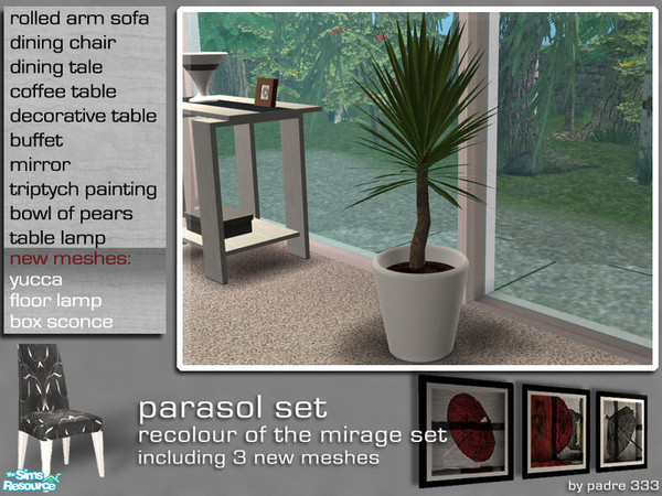 Sims 2 — Parasol Dining - *NEW MESH* Plant by Padre — A dining room/living area in worn grey timber with black velvet