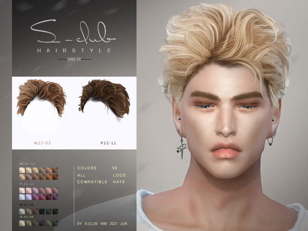Sims 4 — Short curly hair for male by S-Club — sims4 men hair, 50 colors, compatible with hat HQ mod, hope you like,