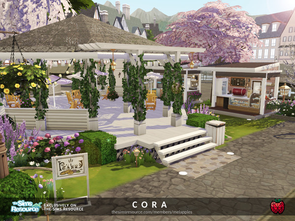 Sims 4 — Cora - cafe no cc by melapples — this lovely gazebo is an open cafe area with dining tables and it's a perfect
