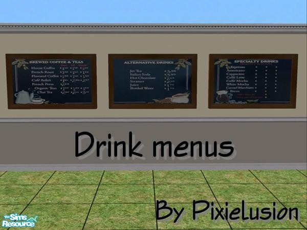 Sims 2 — Drink menus by pixielusion — A set of three drink menus redone as a special request.