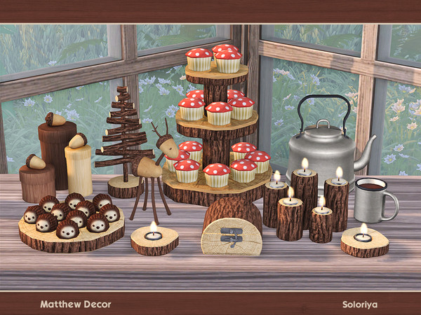 Sims 4 — Matthew Decor by soloriya — A set of decorative forest supplies. Includes 10 objects, has 3 color palettes.