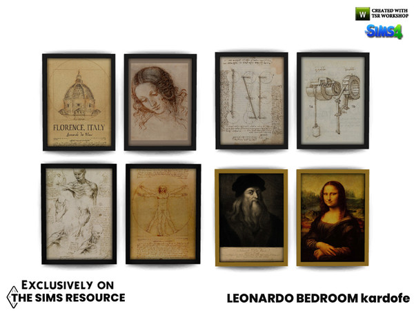 Sims 4 — Leonardo Bedroom_Pictures by kardofe — Set of two pictures, with plates of Leonardo Da Vinci's works, in four