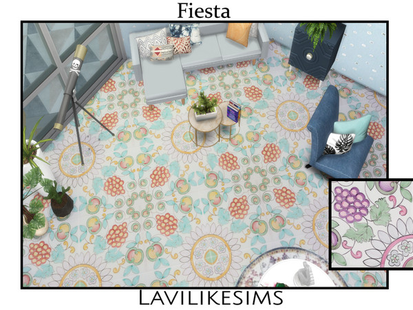 Sims 4 — Fiesta Floor by lavilikesims — a pretty tile with fruit and vines on it, in 7 colours for use all over the house