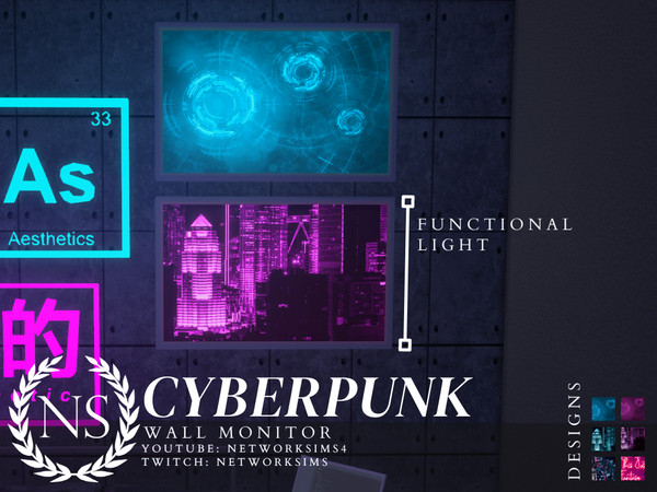 Sims 4 — Cyberpunk Apartment Clutter - Wall Monitor by networksims — A wall monitor with 6 different display options.