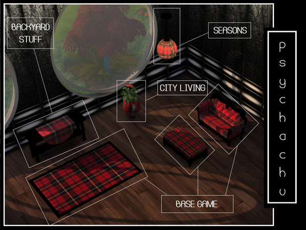 Sims 4 — Crimson Lounge Set by Psychachu — Sofa, footrest, rug, vase, table and lamp, in 2 crimson patterns. Suave and