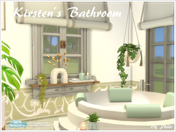 Sims 4 — Kirsten's Bathroom by philo — A romantic green and white bathroom with a round bathtub. The size (4X5) of this