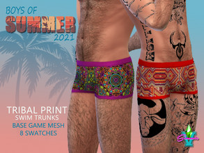 Sims 4 — BoS Tribal Print Swim Trunks by SimmieV — A set of eight full cut swim trunks in and assortment of eight tribal