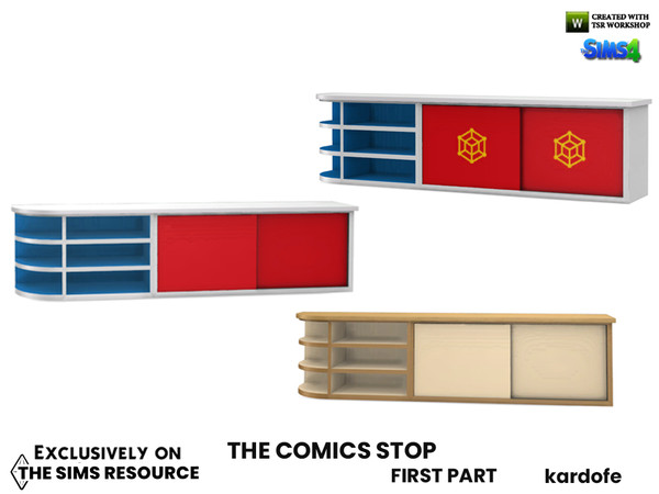 Sims 4 — The Comics Stop_Sideboard by kardofe — Low shelving, for shop storage, in three colour options