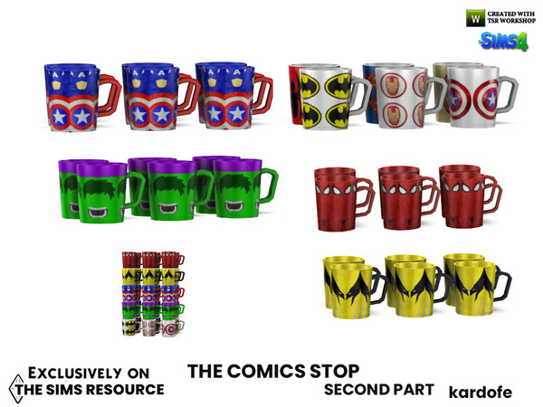 Sims 4 — The Comics Stop_Mugs by kardofe — Set of six mugs decorated with superhero motifs, stackable together, in five