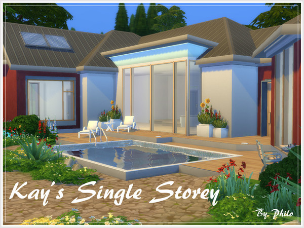 Sims 4 — Kay's Single Storey (No CC) by philo — 5 bedrooms, 3 bathrooms and an open concept kitchen on a single storey,
