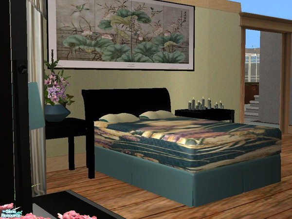 Sims 2 — Jade Wonder - Pottery Barn Bedroom Recolor - Black/teal Bed by pregate — An elegant jade floral infused with a