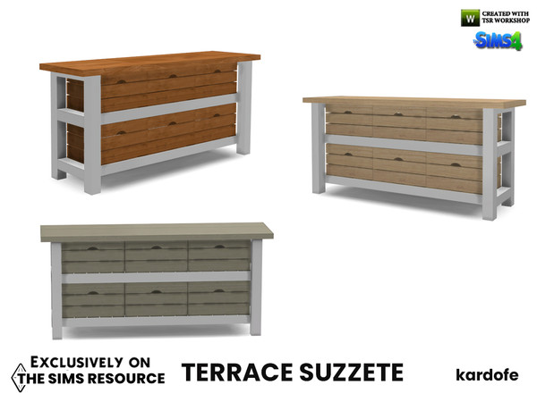 Sims 4 — Terrace Suzzete_Console by kardofe — Wooden console table, with lots of fruit crates used as drawers, in three