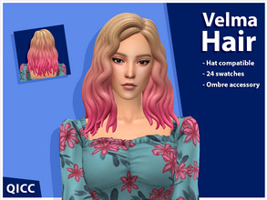Sims 4 — Velma Hair Set (Patreon) by qicc — A wavy side part hairstyle that comes with an optional ombre accessory. -