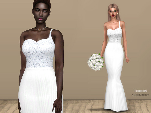 Sims 4 — Augustine Wedding Dress by CherryBerrySim — Classy lace detailed one-shoulder wedding dress for female sims. 3
