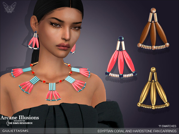 Sims 4 — Arcane Illusions - Egyptian Coral and Hardstone Fan Earrings by feyona — These Coral and Hardstone Fan Earrings