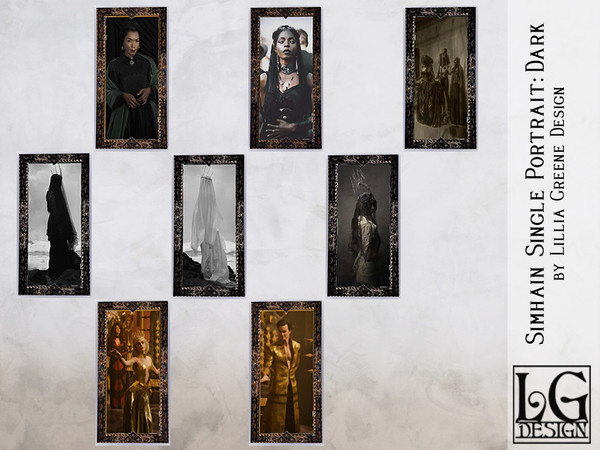 Sims 4 — Simhain Grande Portrait II by LilliaGreene — A series of large portraits in dark frames.