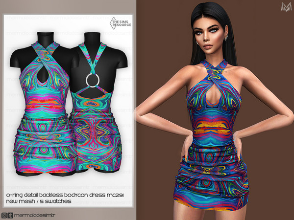 Sims 4 — O-ring Detail Backless Bodycon Dress MC291 by Mermalade — New Mesh 5 Swatches All Lods Teen to Elder For Female