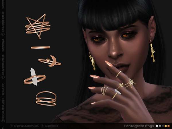 Sims 4 — Pentagram rings | Simblreen 2021 by sugar_owl — Set of five rings for female sims with the pentagram, crescent