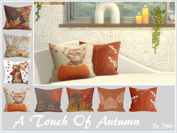 Sims 4 — A Touch Of Autumn Cushions [Mesh Required] by philo — Sofa pillows with autumn patterns in warm colors. Original