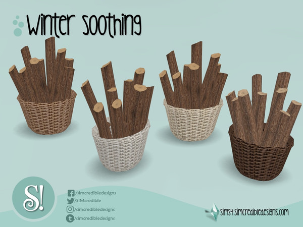 Sims 4 — Winter Soothing logs basket by SIMcredible! — by SIMcredibledesigns.com available at TSR 4 colors variations