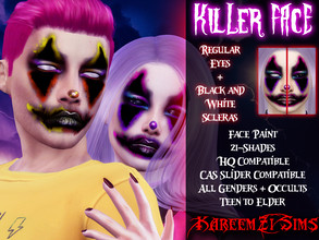 Sims 4 — Killer Face (Clown Makeup #02) by KareemZiSims2 — - Face Paint - 21 Shades - Regular eyes + Black and White