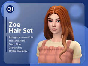 Sims 4 — Zoe Hair Set (Patreon) by qicc — A long wavy middle part hairstyle that comes with an optional ombre accessory.