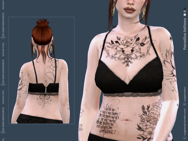Sims 4 — Paradise tattoos by sugar_owl — Tattoos for male and female sims with floral and calligraphy designs. - 10