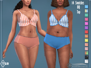 Sims 4 — Gingham Dolly Ruffle-trimmed Top by Harmonia — New Mesh All Lods 14 Swatches Please do not use my textures.