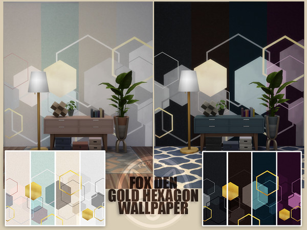 Sims 4 — hexagon wallpaper golden hexagon by M31l1n — Wallpaper with a hexagon pattern and golden accents (8 swatches)