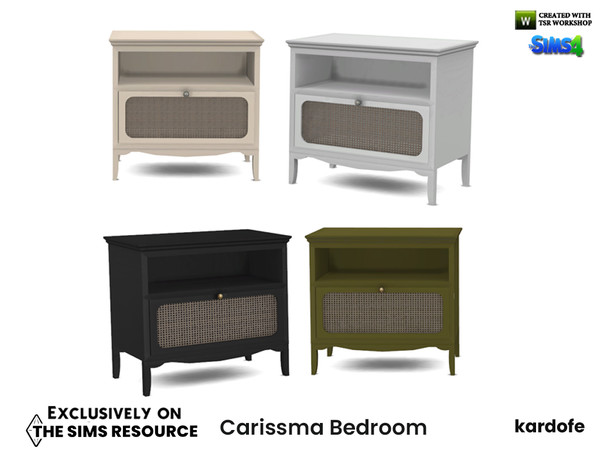 Sims 4 — Carissma Bedroom_EndTable by kardofe — Bedside table with one drawer decorated with latticework, in four