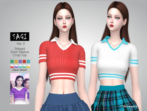 Sims 4 — SAGI - Ver.2 - Striped Crop Top by Helsoseira — Style : Kpop striped short sleeve crop top Name : SAGI version 2