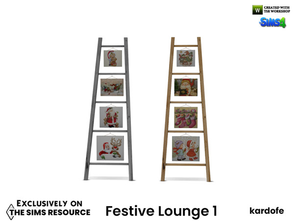 Sims 4 — Festive Lounge_Decorative staircase by kardofe — Wall-mounted ladder, with Christmas pictures hanging from the