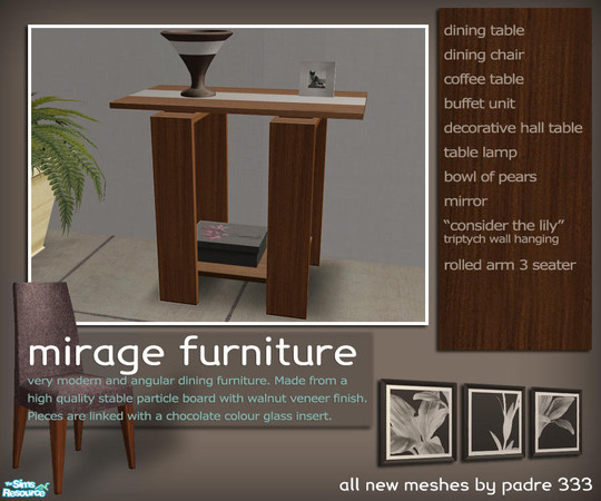 Sims 2 — Mirage Dining Suite - Decorative Table by Padre — Modern, minimal and angular dining furniture in dark maple