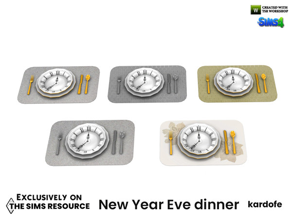 Sims 4 — New Year Eve dinner_Plates and cutlery by kardofe — Tablecloth, with clock decorated plates and cutlery,
