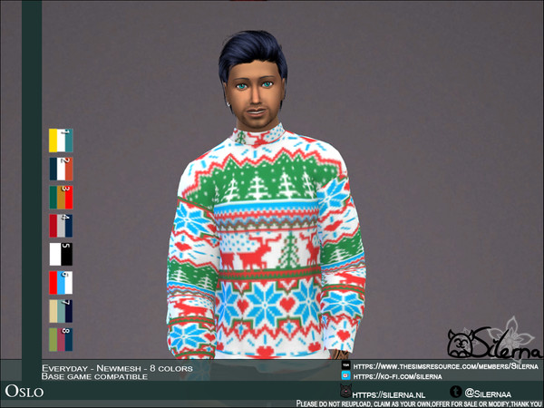 Sims 4 — Oslo by Silerna — - Base game compatible - Every day/Party/Cold weather - Teen to elder - 8 colors - New mesh -