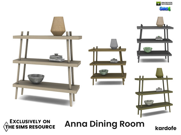 Sims 4 — Anna Dining Room_Display by kardofe — Shelving, natural wood, with some decorations, in four colour choices